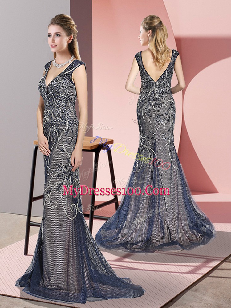 Shining Navy Blue Mermaid Tulle V-neck Sleeveless Beading Zipper Prom Dress Sweep Train