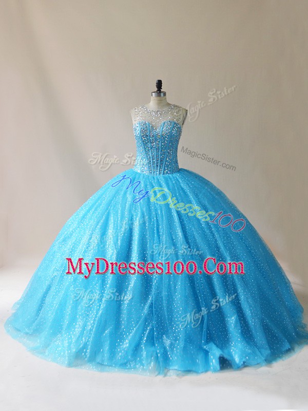 Smart Scoop Sleeveless Vestidos de Quinceanera Floor Length Court Train Beading and Appliques Baby Blue Organza