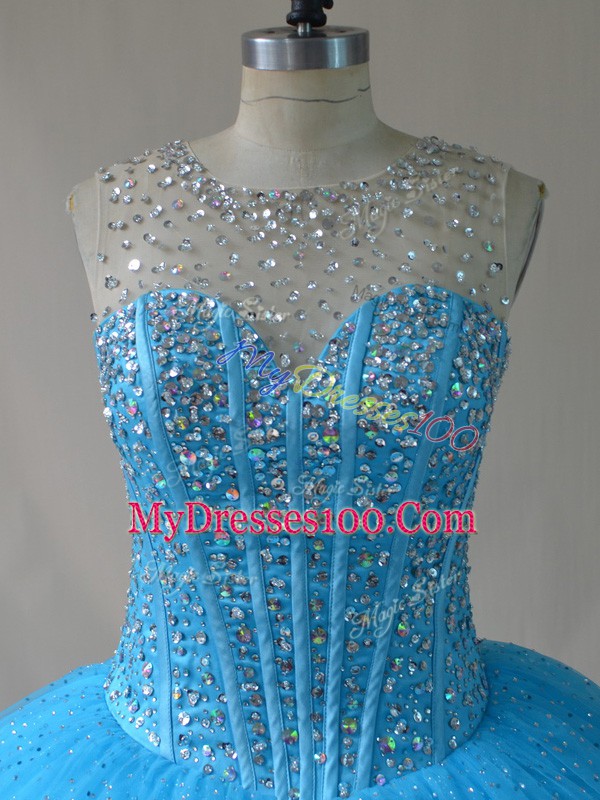 Smart Scoop Sleeveless Vestidos de Quinceanera Floor Length Court Train Beading and Appliques Baby Blue Organza