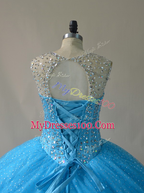 Smart Scoop Sleeveless Vestidos de Quinceanera Floor Length Court Train Beading and Appliques Baby Blue Organza
