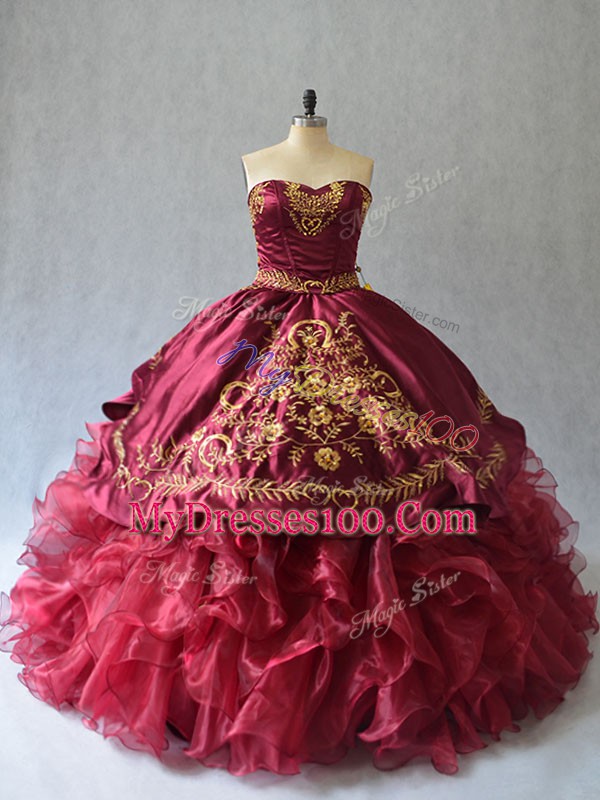 Noble Strapless Sleeveless Organza Vestidos de Quinceanera Beading and Embroidery Brush Train Lace Up