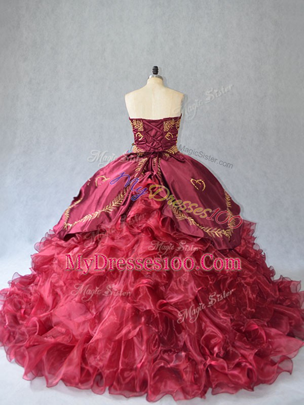 Noble Strapless Sleeveless Organza Vestidos de Quinceanera Beading and Embroidery Brush Train Lace Up
