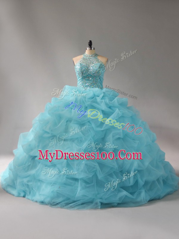Organza Halter Top Sleeveless Court Train Lace Up Beading and Pick Ups Vestidos de Quinceanera in Aqua Blue