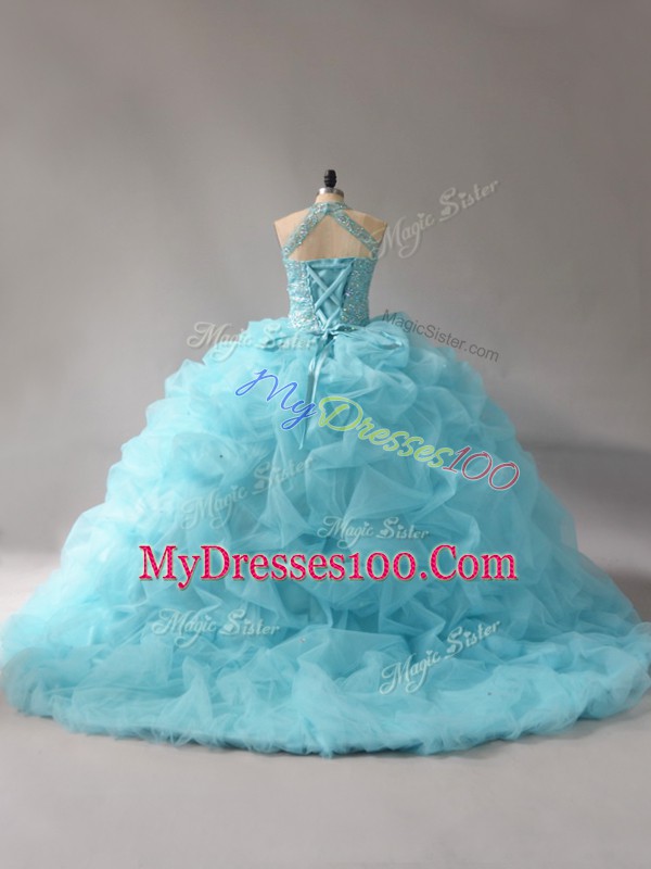 Organza Halter Top Sleeveless Court Train Lace Up Beading and Pick Ups Vestidos de Quinceanera in Aqua Blue