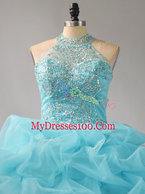 Organza Halter Top Sleeveless Court Train Lace Up Beading and Pick Ups Vestidos de Quinceanera in Aqua Blue