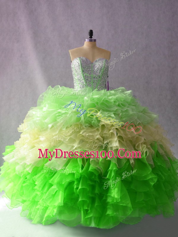 Fashionable Multi-color Lace Up Sweetheart Beading and Ruffles Quince Ball Gowns Organza Sleeveless
