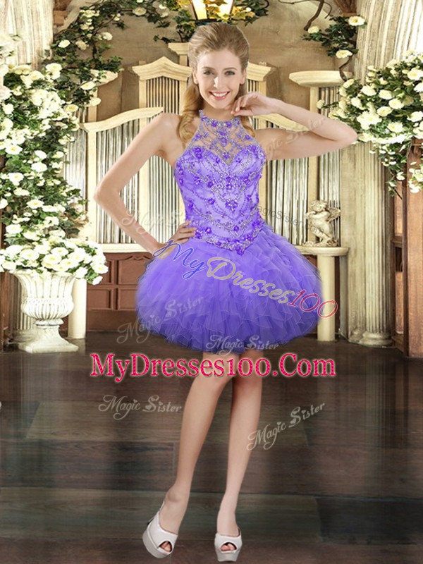 Top Selling Halter Top Sleeveless Dress for Prom Mini Length Beading and Ruffles Lavender Tulle