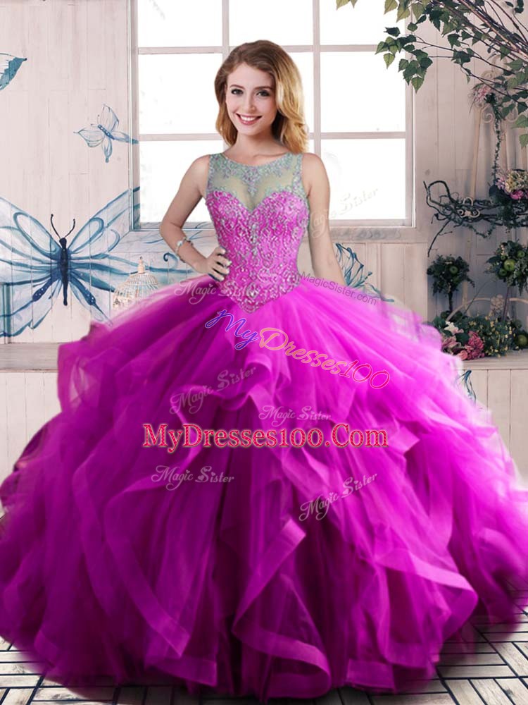 Purple Sleeveless Tulle Lace Up Ball Gown Prom Dress for Sweet 16 and Quinceanera