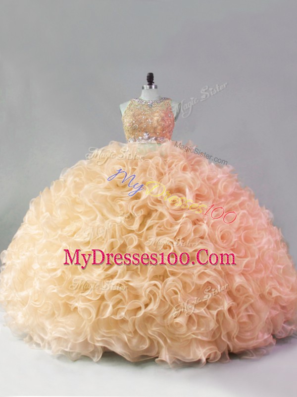 Gold Fabric With Rolling Flowers Zipper Scoop Sleeveless Floor Length Quinceanera Dresses Beading and Ruffles