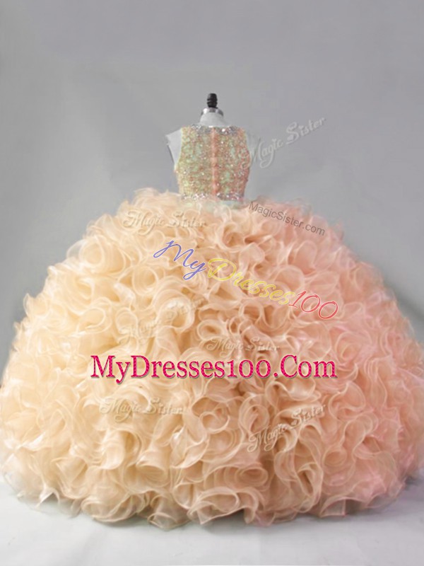 Gold Fabric With Rolling Flowers Zipper Scoop Sleeveless Floor Length Quinceanera Dresses Beading and Ruffles
