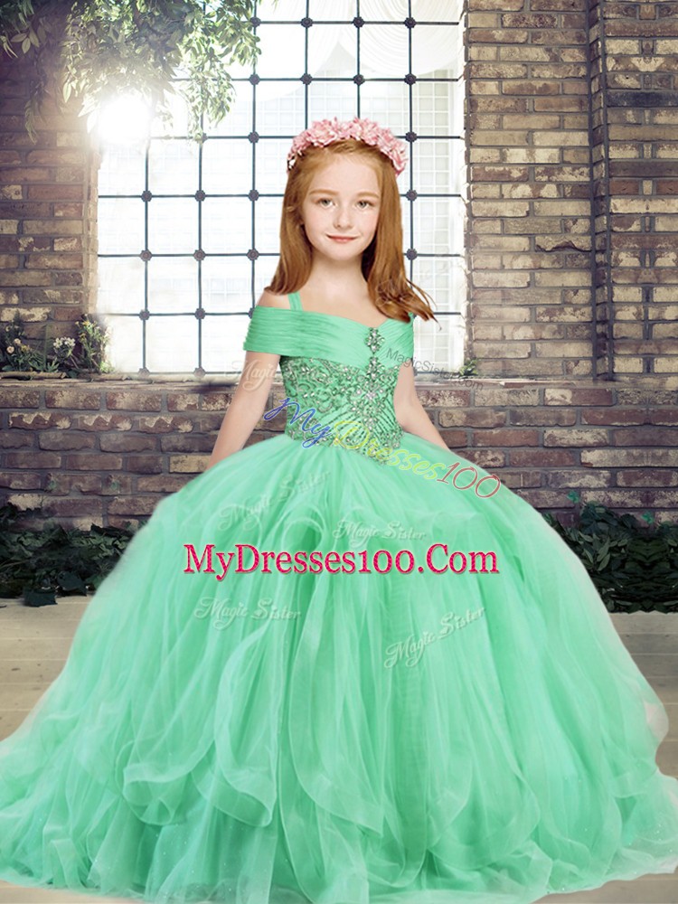 Tulle Sleeveless Floor Length Glitz Pageant Dress and Beading and Ruffles