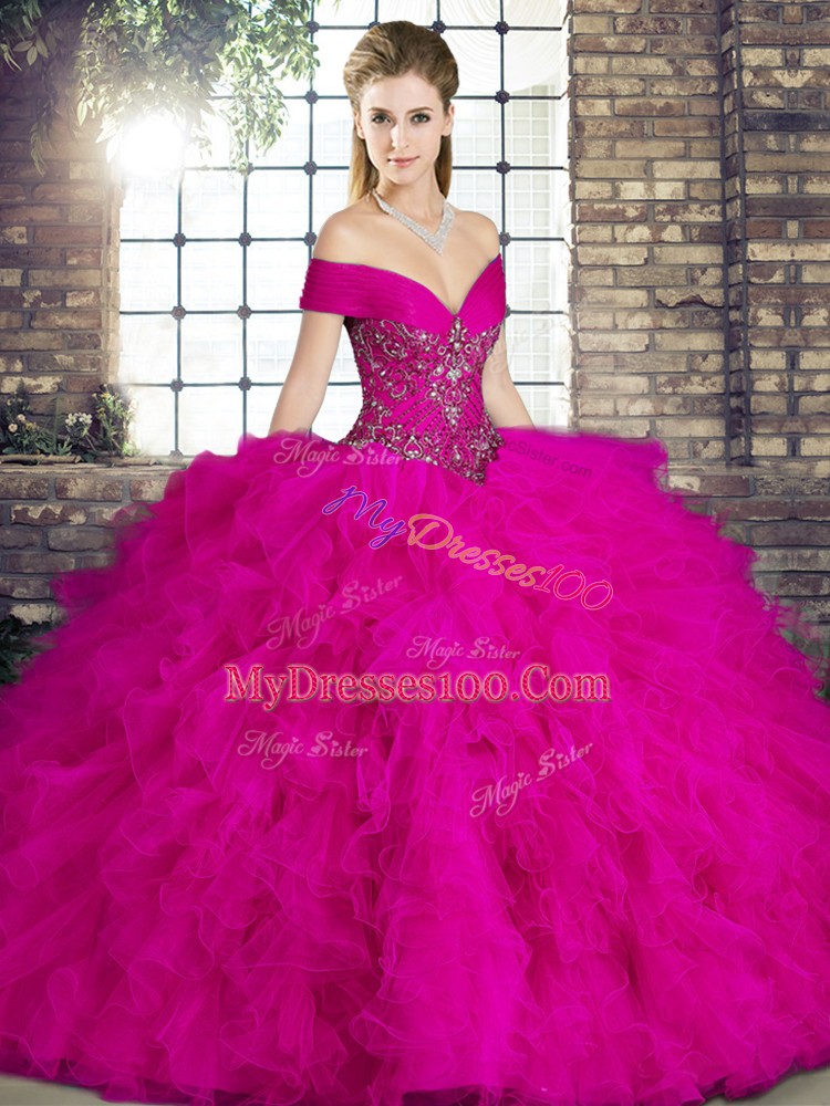 Enchanting Floor Length Fuchsia Vestidos de Quinceanera Off The Shoulder Sleeveless Lace Up