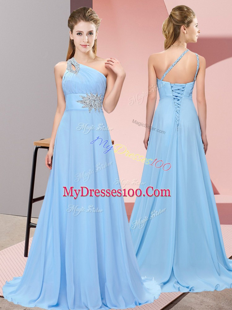 Beautiful Sleeveless Brush Train Beading Lace Up Prom Dresses