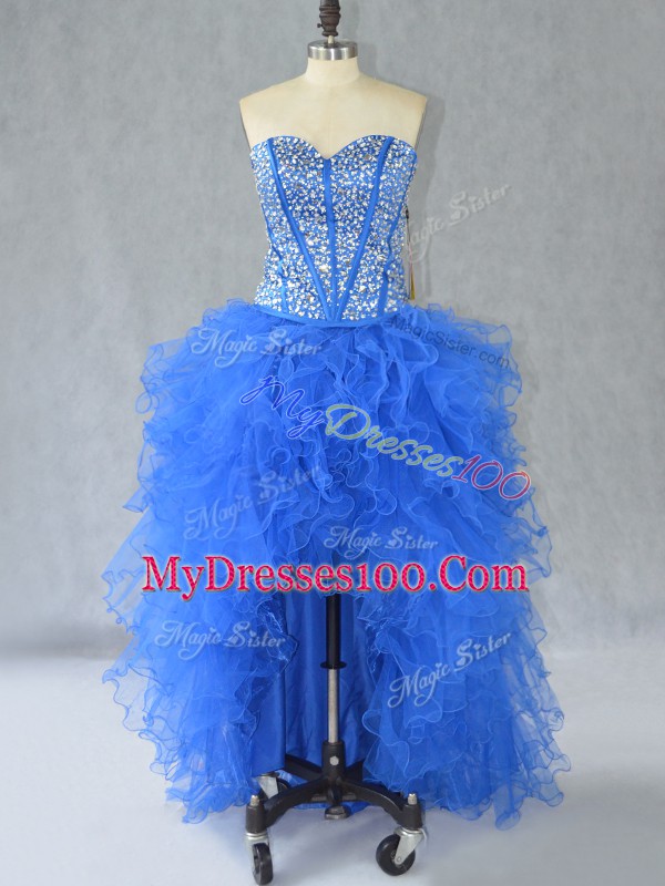 Blue A-line Beading and Ruffles Prom Party Dress Lace Up Organza Sleeveless High Low