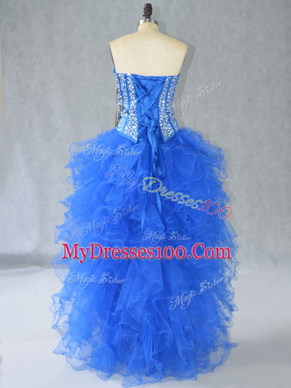 Blue A-line Beading and Ruffles Prom Party Dress Lace Up Organza Sleeveless High Low