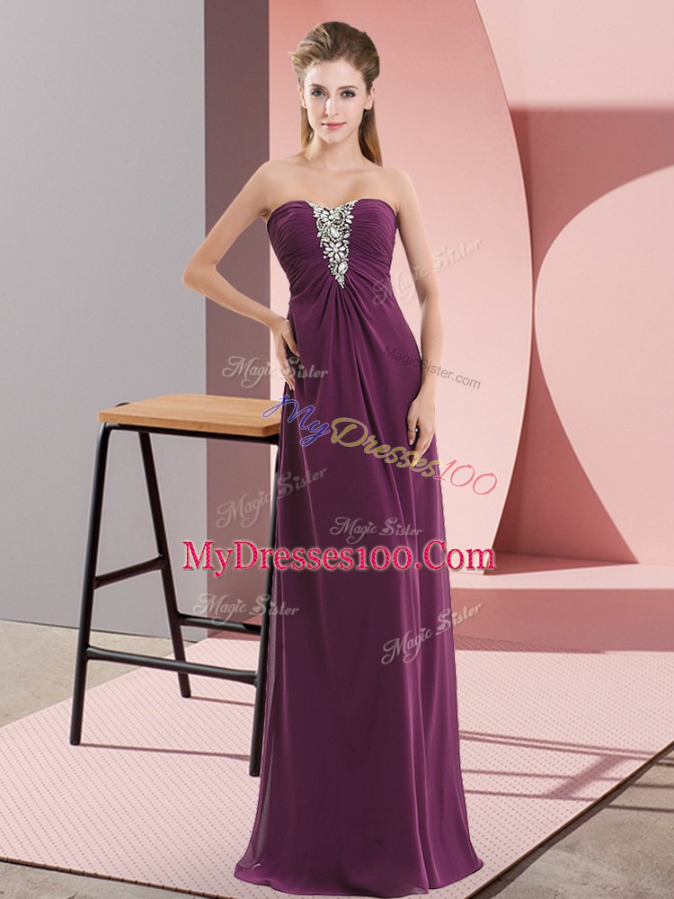 Dark Purple Sleeveless Beading Floor Length Evening Dress