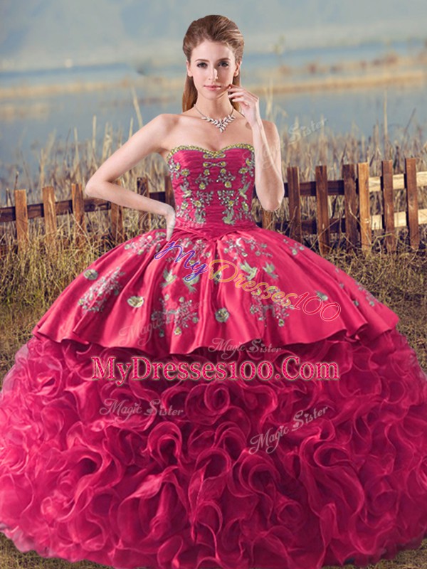 Coral Red Ball Gowns Fabric With Rolling Flowers Sweetheart Sleeveless Embroidery and Ruffles Lace Up Quinceanera Gown