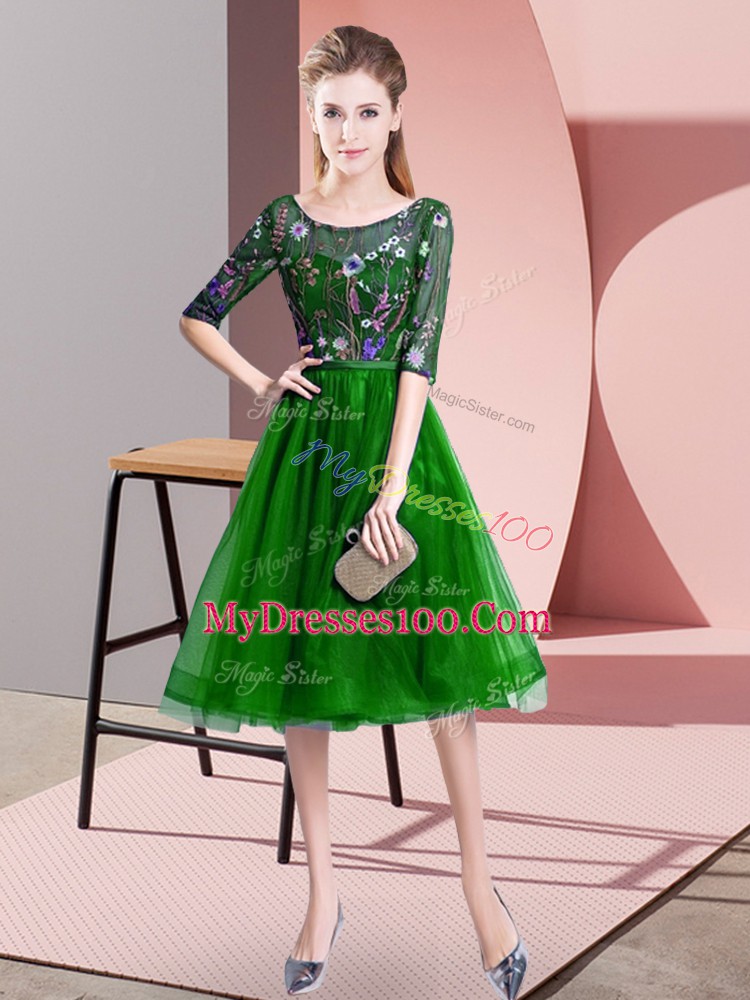 Best Selling Tulle Scoop Half Sleeves Lace Up Embroidery Vestidos de Damas in Green