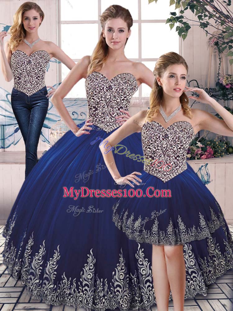 Royal Blue Sleeveless Tulle Lace Up Quince Ball Gowns for Sweet 16 and Quinceanera
