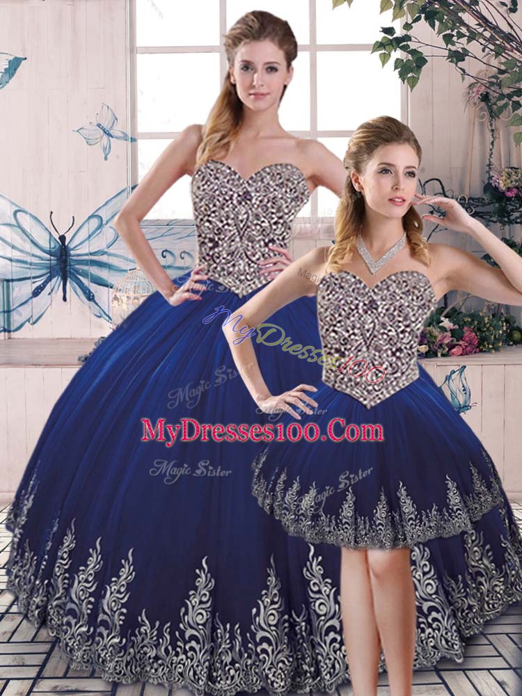 Royal Blue Sleeveless Tulle Lace Up Quince Ball Gowns for Sweet 16 and Quinceanera