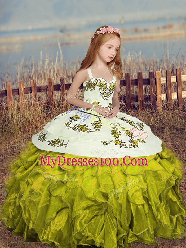 Olive Green Ball Gowns Embroidery and Ruffles Kids Formal Wear Lace Up Organza Sleeveless Floor Length