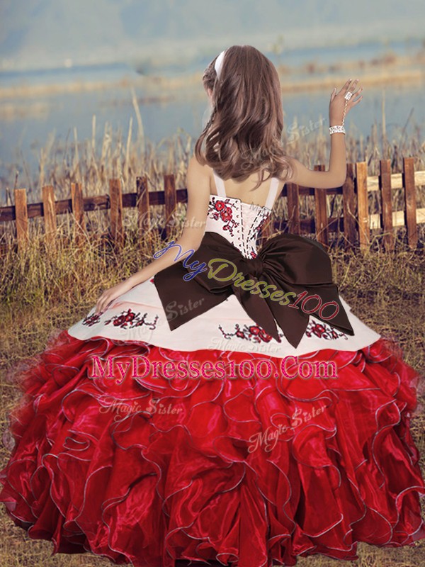 Olive Green Ball Gowns Embroidery and Ruffles Kids Formal Wear Lace Up Organza Sleeveless Floor Length