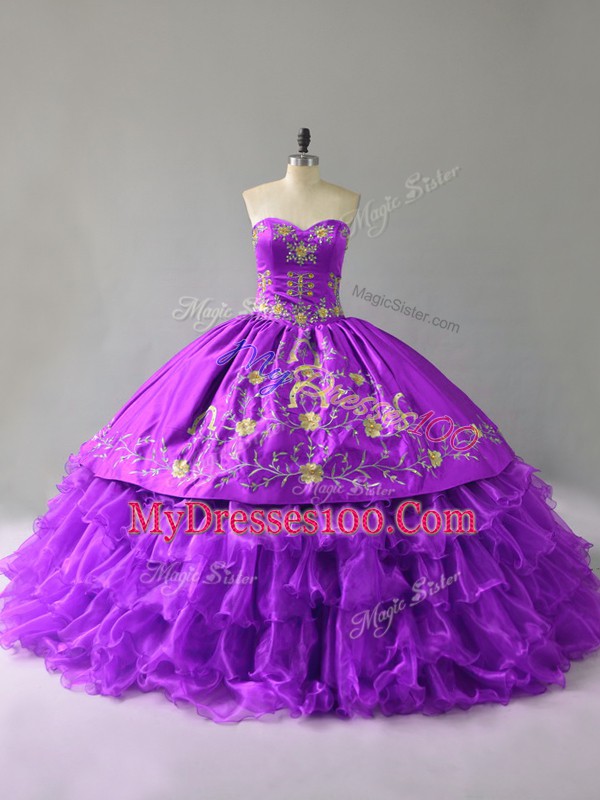 Pretty Purple Lace Up Sweet 16 Dresses Embroidery and Ruffles Sleeveless Floor Length