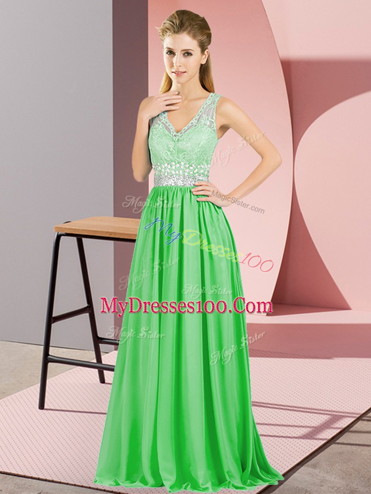 Most Popular V-neck Sleeveless Chiffon Evening Dress Beading and Lace and Appliques Backless