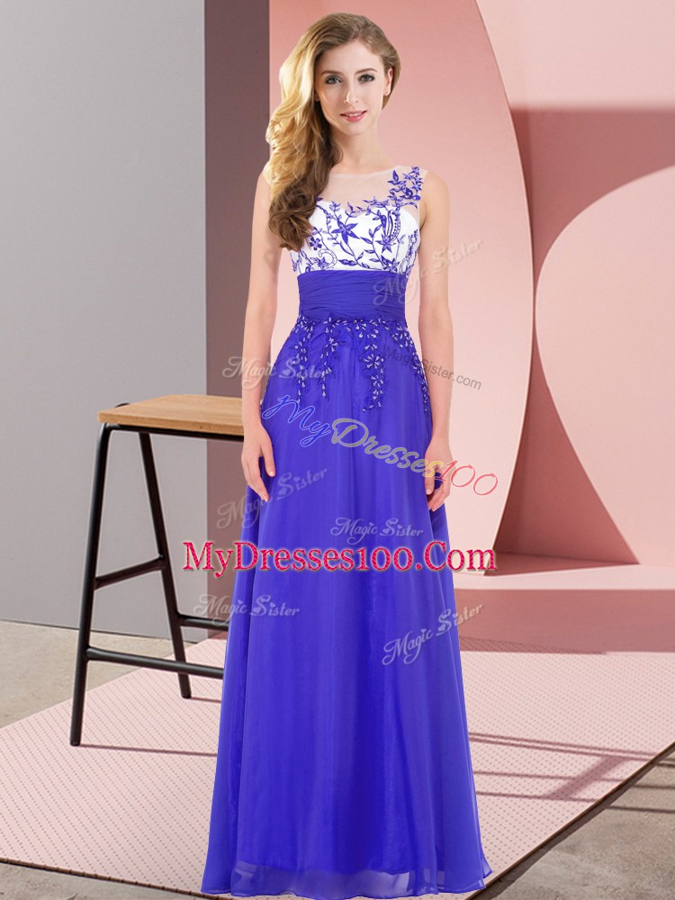 Edgy Sleeveless Chiffon Floor Length Backless Bridesmaid Gown in Blue with Appliques