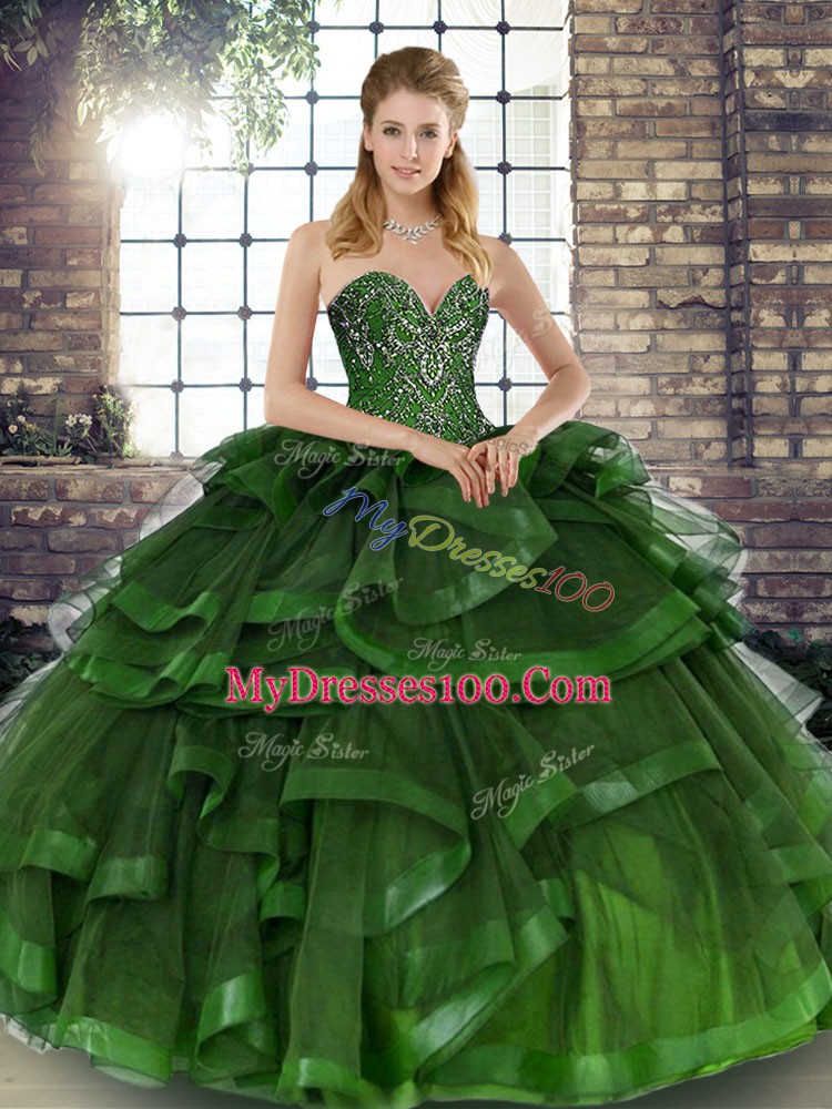 Elegant Sweetheart Sleeveless Lace Up 15 Quinceanera Dress Green Tulle