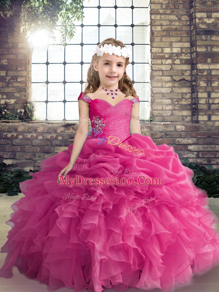 Excellent Hot Pink Sleeveless Beading and Ruffles and Pick Ups Floor Length Little Girls Pageant Dress