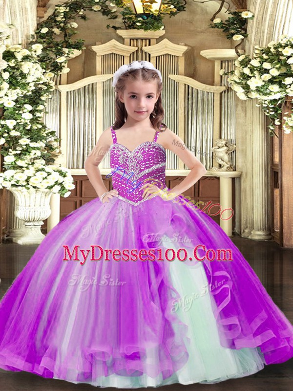 Sleeveless Tulle Floor Length Lace Up Kids Pageant Dress in Purple with Beading