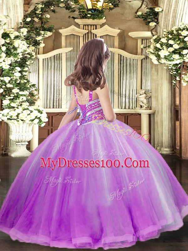 Sleeveless Tulle Floor Length Lace Up Kids Pageant Dress in Purple with Beading