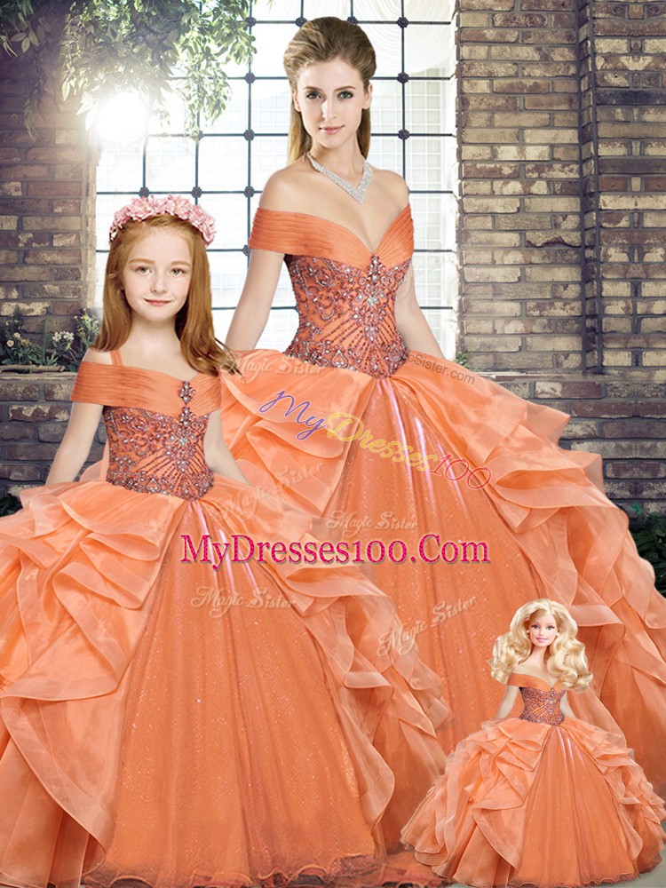 Romantic Off The Shoulder Sleeveless Lace Up Vestidos de Quinceanera Orange Organza