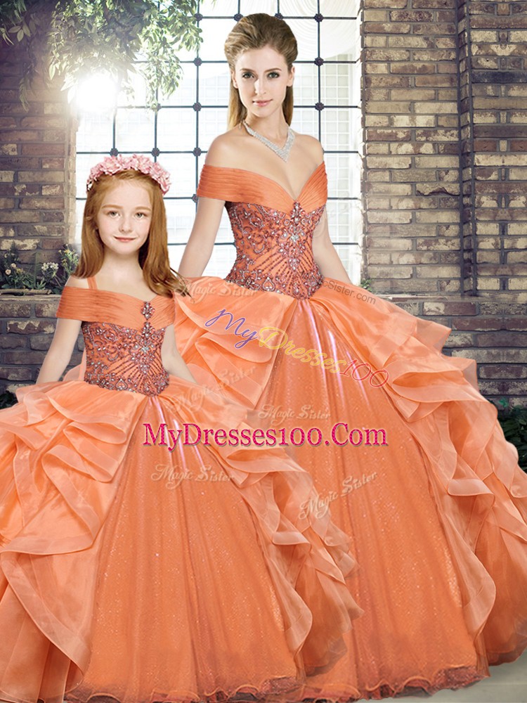 Romantic Off The Shoulder Sleeveless Lace Up Vestidos de Quinceanera Orange Organza