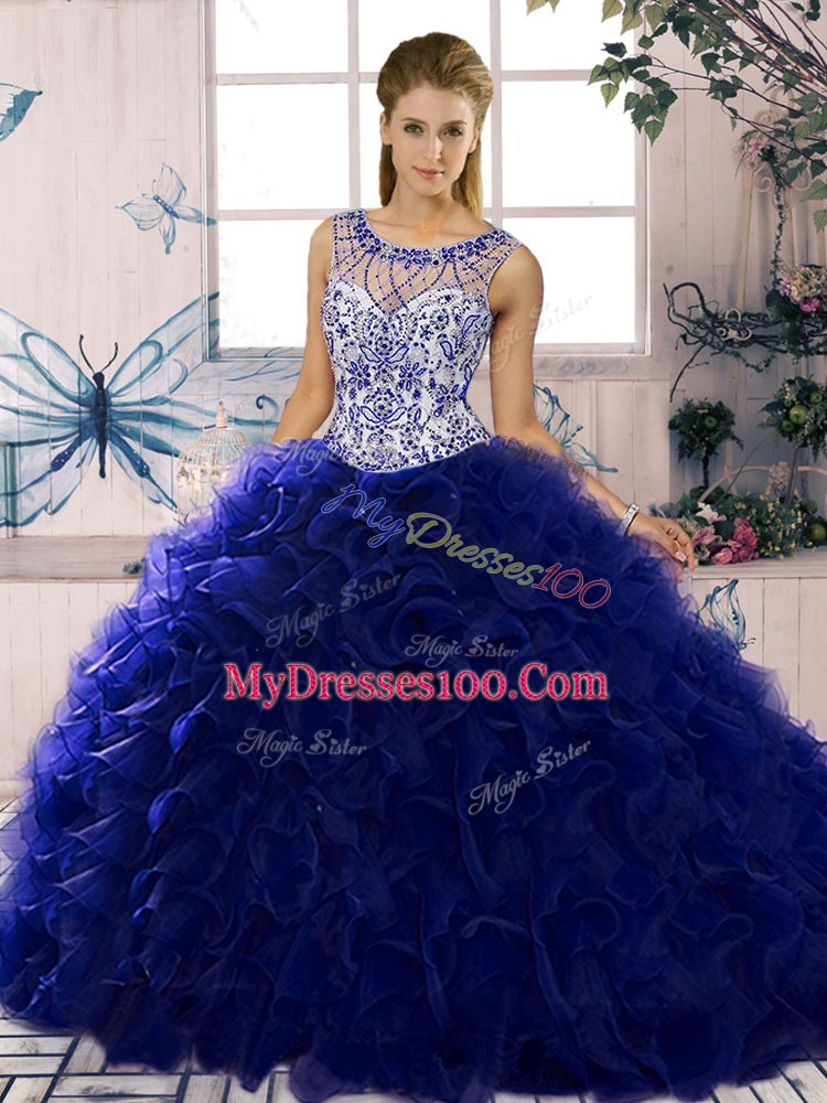 Floor Length Purple Sweet 16 Quinceanera Dress Organza Sleeveless Beading and Ruffles