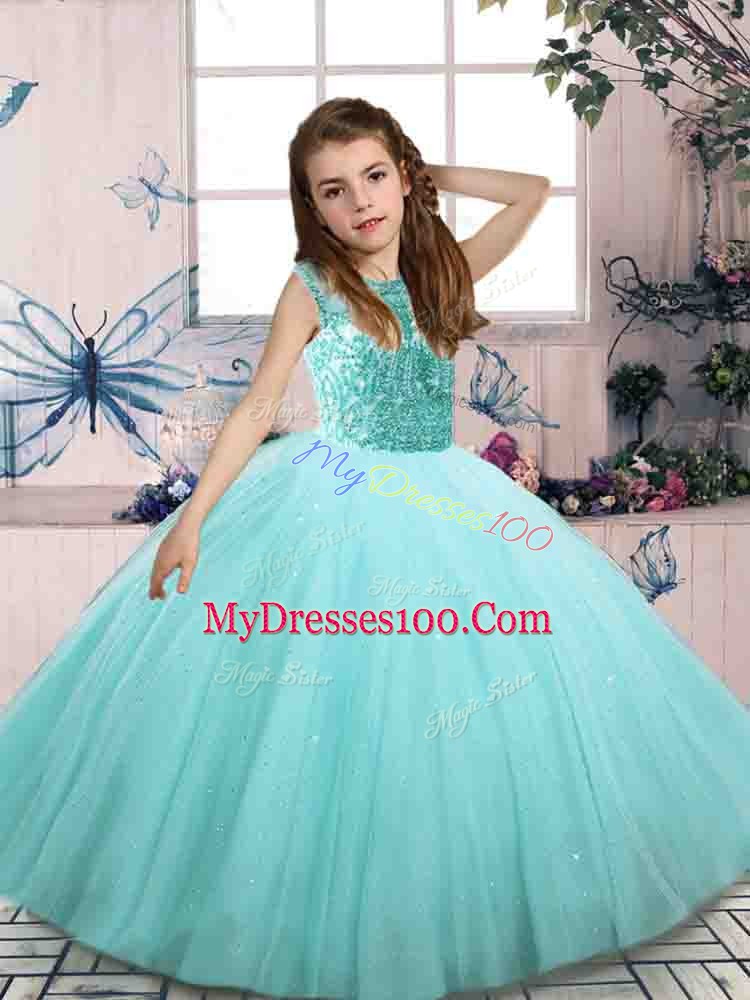 Exquisite Aqua Blue Sleeveless Beading Floor Length Winning Pageant Gowns