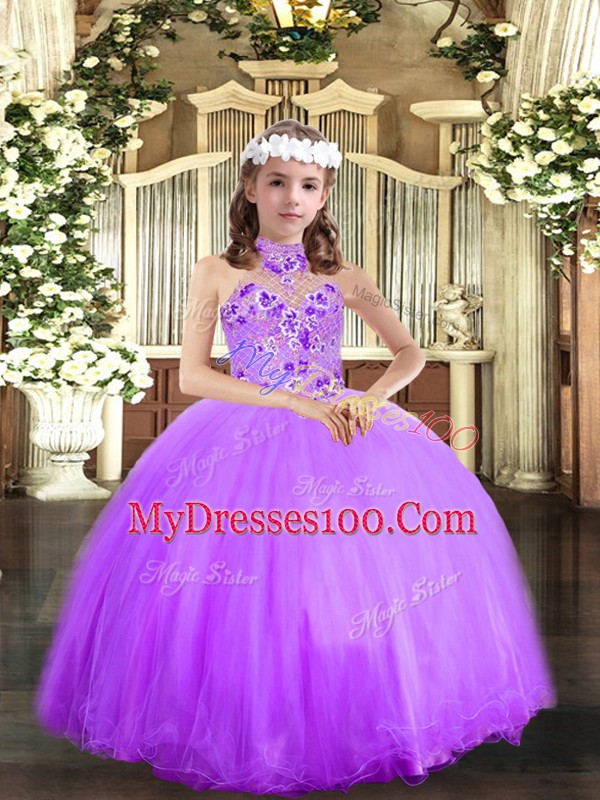 Graceful Lavender Tulle Lace Up Little Girls Pageant Gowns Sleeveless Floor Length Appliques