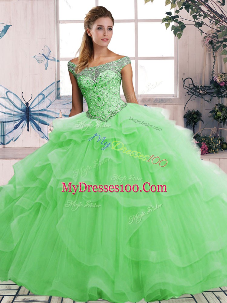 Off The Shoulder Sleeveless Tulle Quince Ball Gowns Beading and Ruffles Lace Up