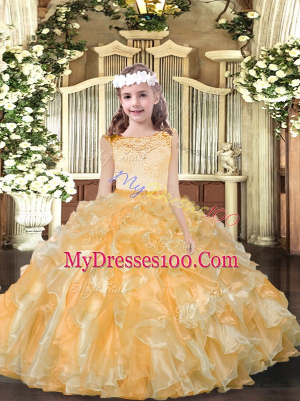 Custom Fit Gold Sleeveless Organza Zipper Little Girls Pageant Dress for Party and Wedding Party