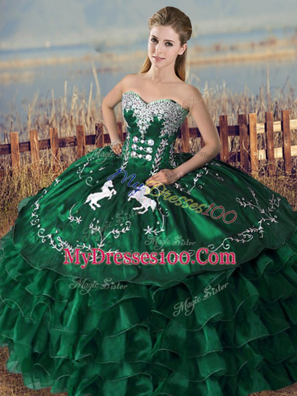 Green Organza Lace Up Sweetheart Sleeveless Floor Length Vestidos de Quinceanera Embroidery and Ruffles