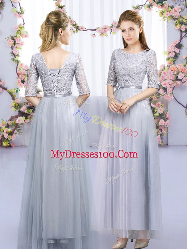 Grey Lace Up Scoop Lace and Belt Bridesmaid Dress Tulle Half Sleeves
