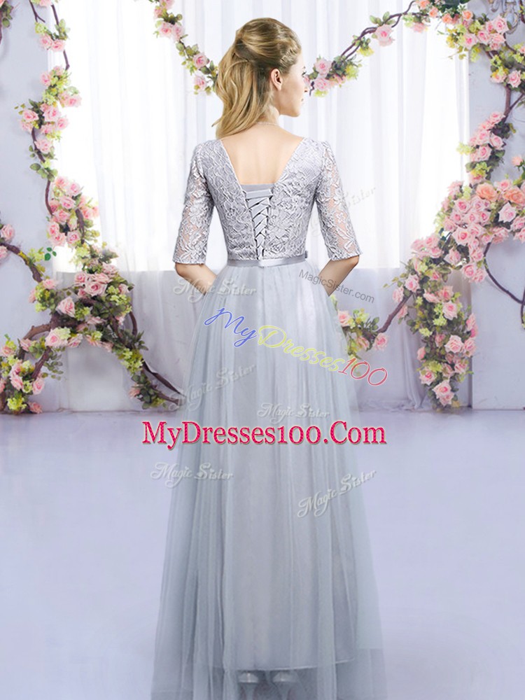 Grey Lace Up Scoop Lace and Belt Bridesmaid Dress Tulle Half Sleeves