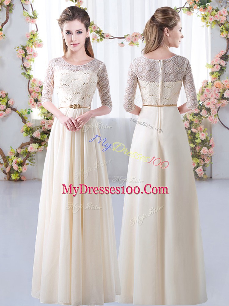 Best Selling Champagne Empire Chiffon Scoop Half Sleeves Lace and Belt Floor Length Zipper Quinceanera Dama Dress