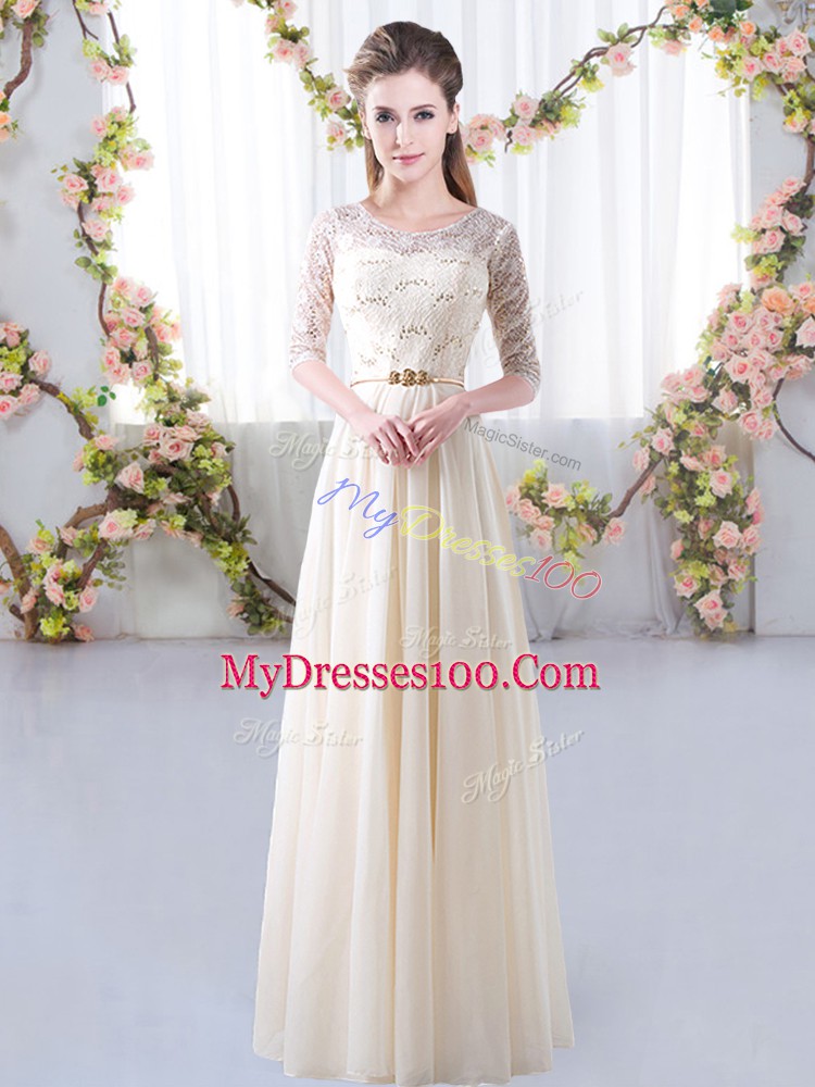Best Selling Champagne Empire Chiffon Scoop Half Sleeves Lace and Belt Floor Length Zipper Quinceanera Dama Dress