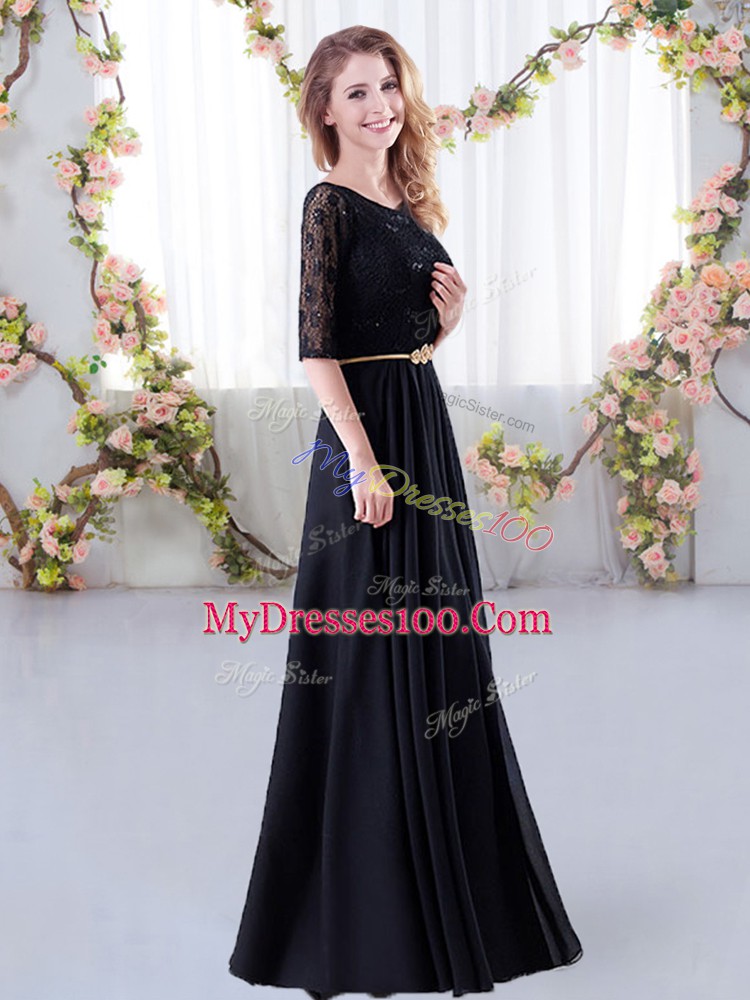 Best Selling Champagne Empire Chiffon Scoop Half Sleeves Lace and Belt Floor Length Zipper Quinceanera Dama Dress