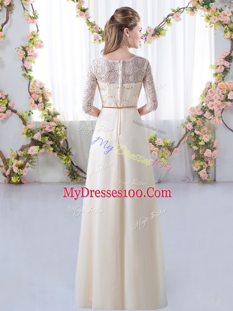 Best Selling Champagne Empire Chiffon Scoop Half Sleeves Lace and Belt Floor Length Zipper Quinceanera Dama Dress