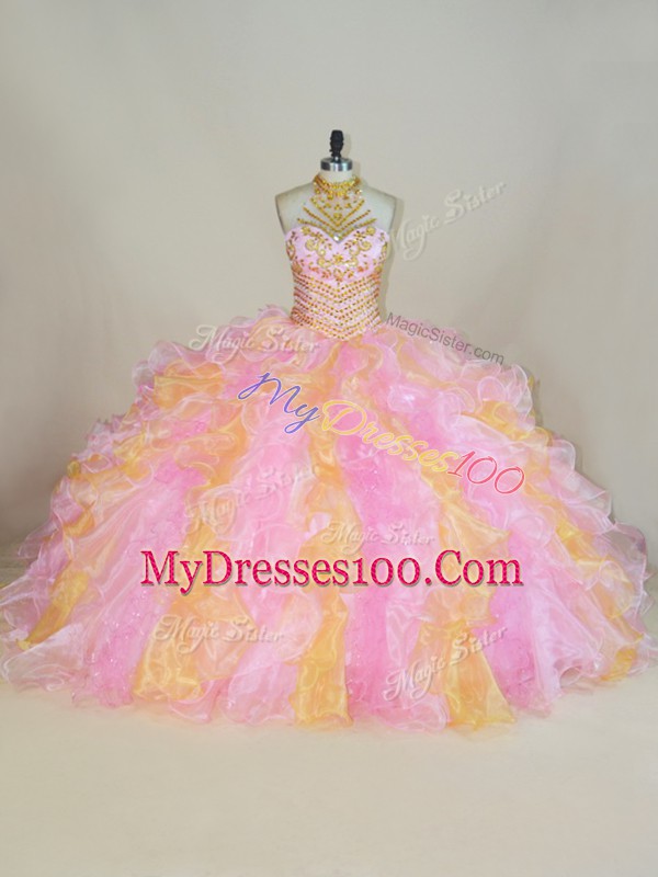 Multi-color Ball Gowns Halter Top Sleeveless Organza Floor Length Lace Up Beading and Ruffles Ball Gown Prom Dress