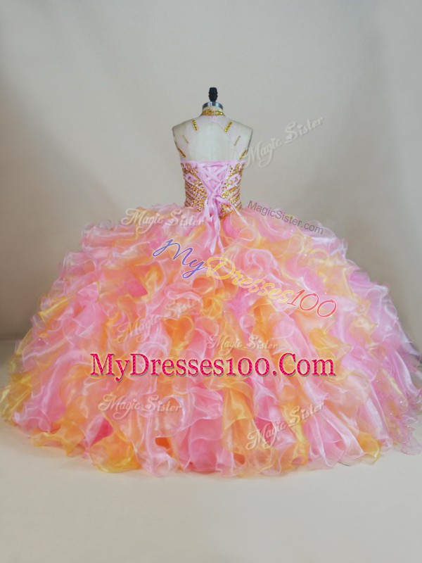 Multi-color Ball Gowns Halter Top Sleeveless Organza Floor Length Lace Up Beading and Ruffles Ball Gown Prom Dress