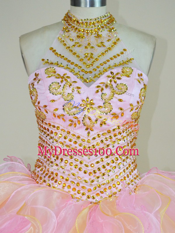 Multi-color Ball Gowns Halter Top Sleeveless Organza Floor Length Lace Up Beading and Ruffles Ball Gown Prom Dress